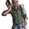 Blue jean, green shirt, with bretelles